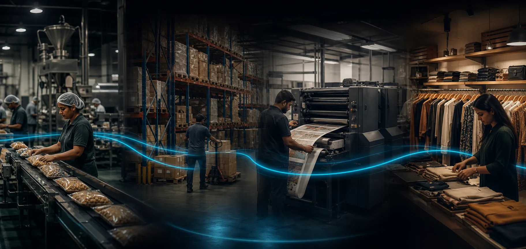 Connected food manufacturing, distribution, printing, and boutique retail operations